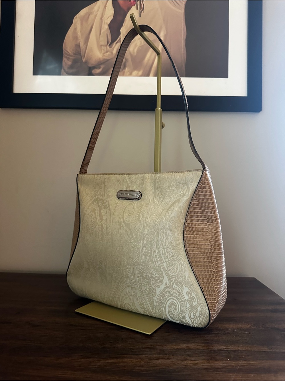 Etro Beige Paisley & Textured Brown Side Panels Shoulder Bag